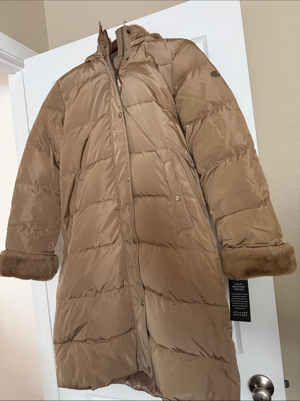 Lauren Ralph Lauren Camel/Tan Long Puffer Coat with Faux Fur Cuffs